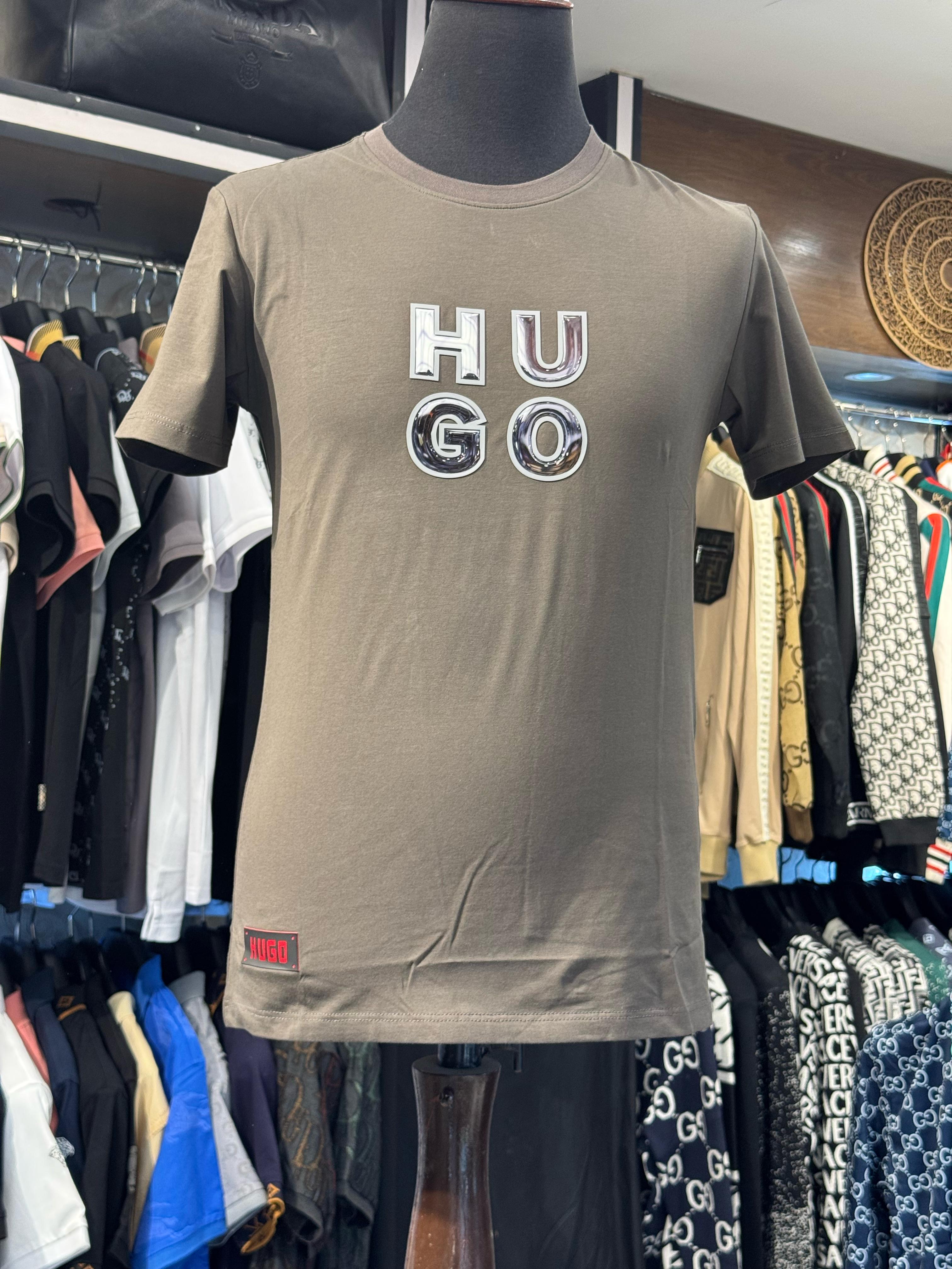 hugo brown soft cotton printed round neck t shirt