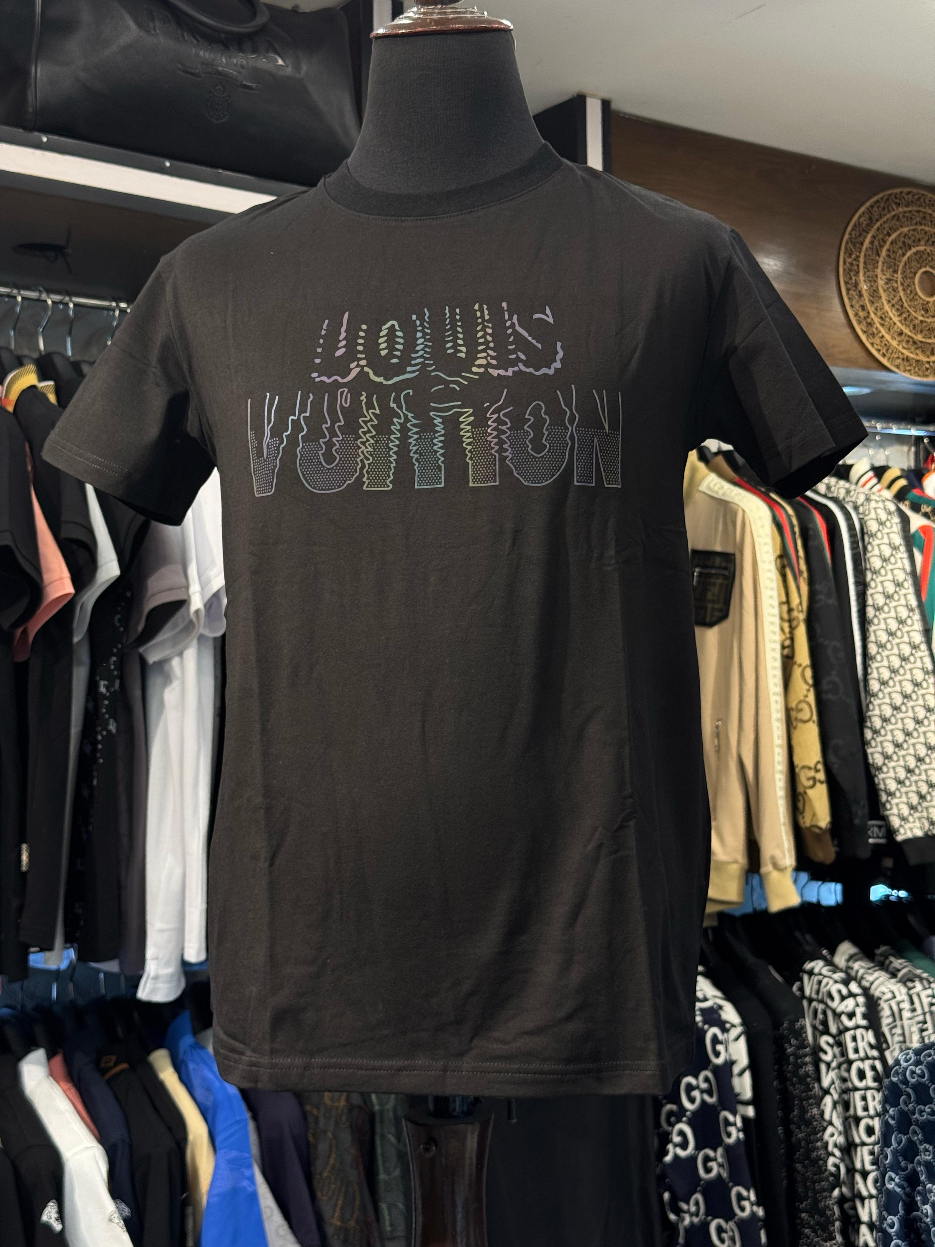 louis vuitton black soft cotton printed round neck t shirt
