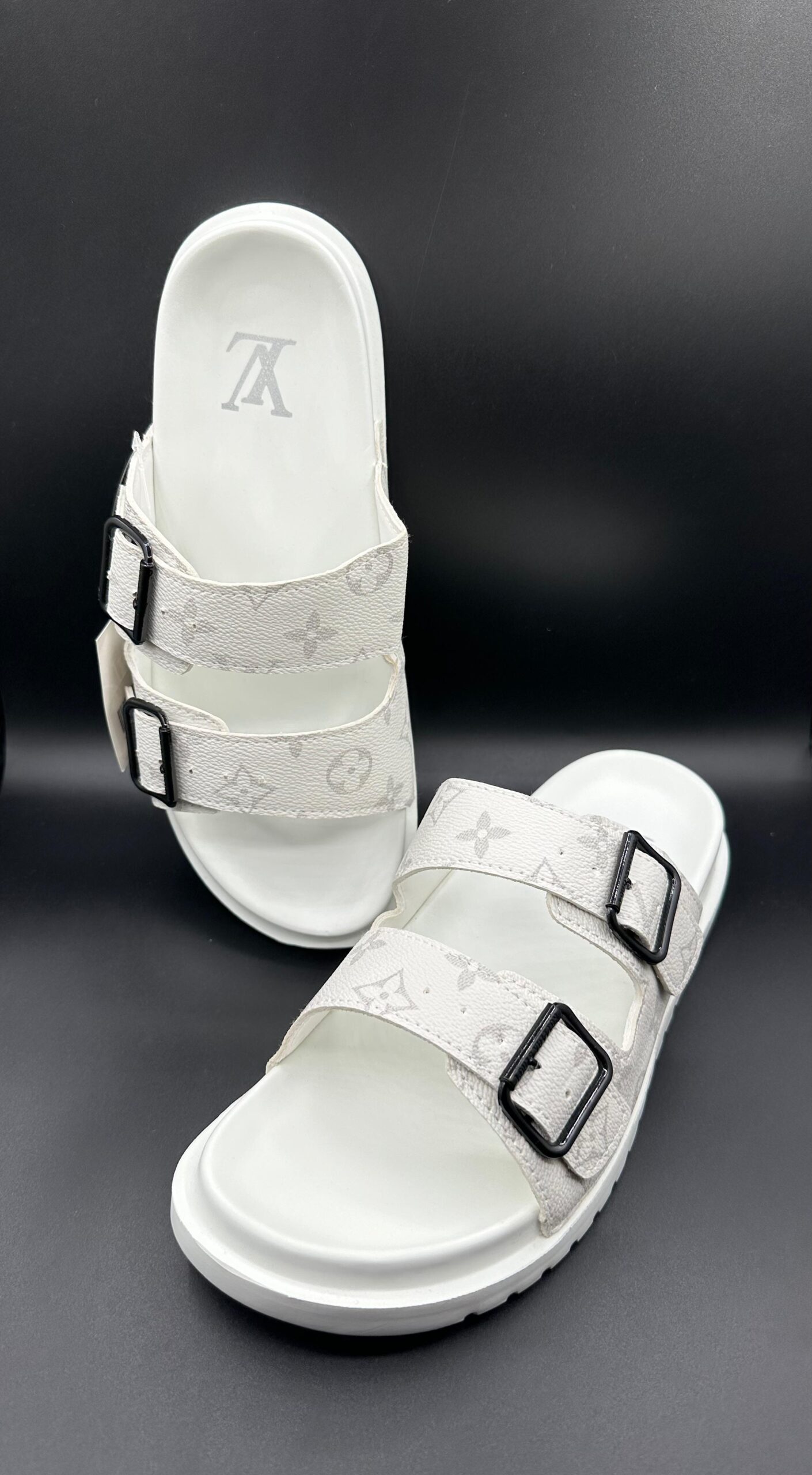 l.v classic white double strap slides l.v classic white double strap slides