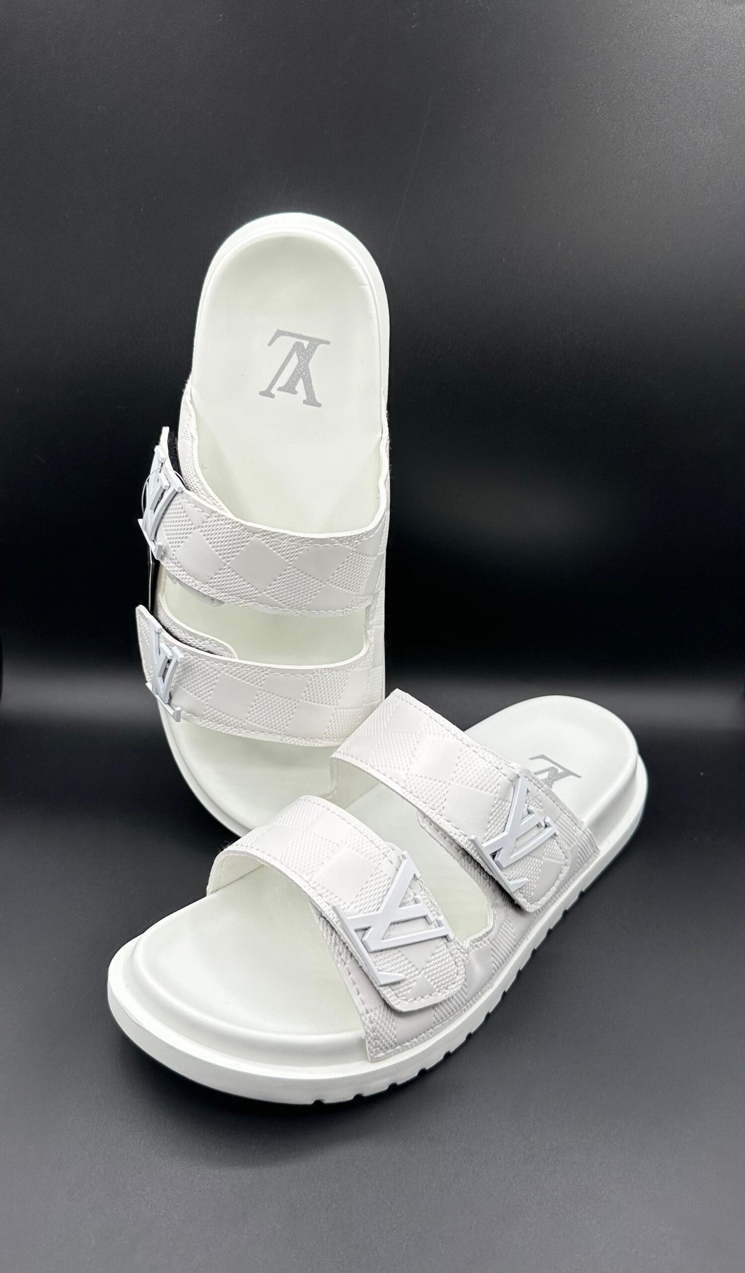 l.v white damier double slides l.v white damier double slides