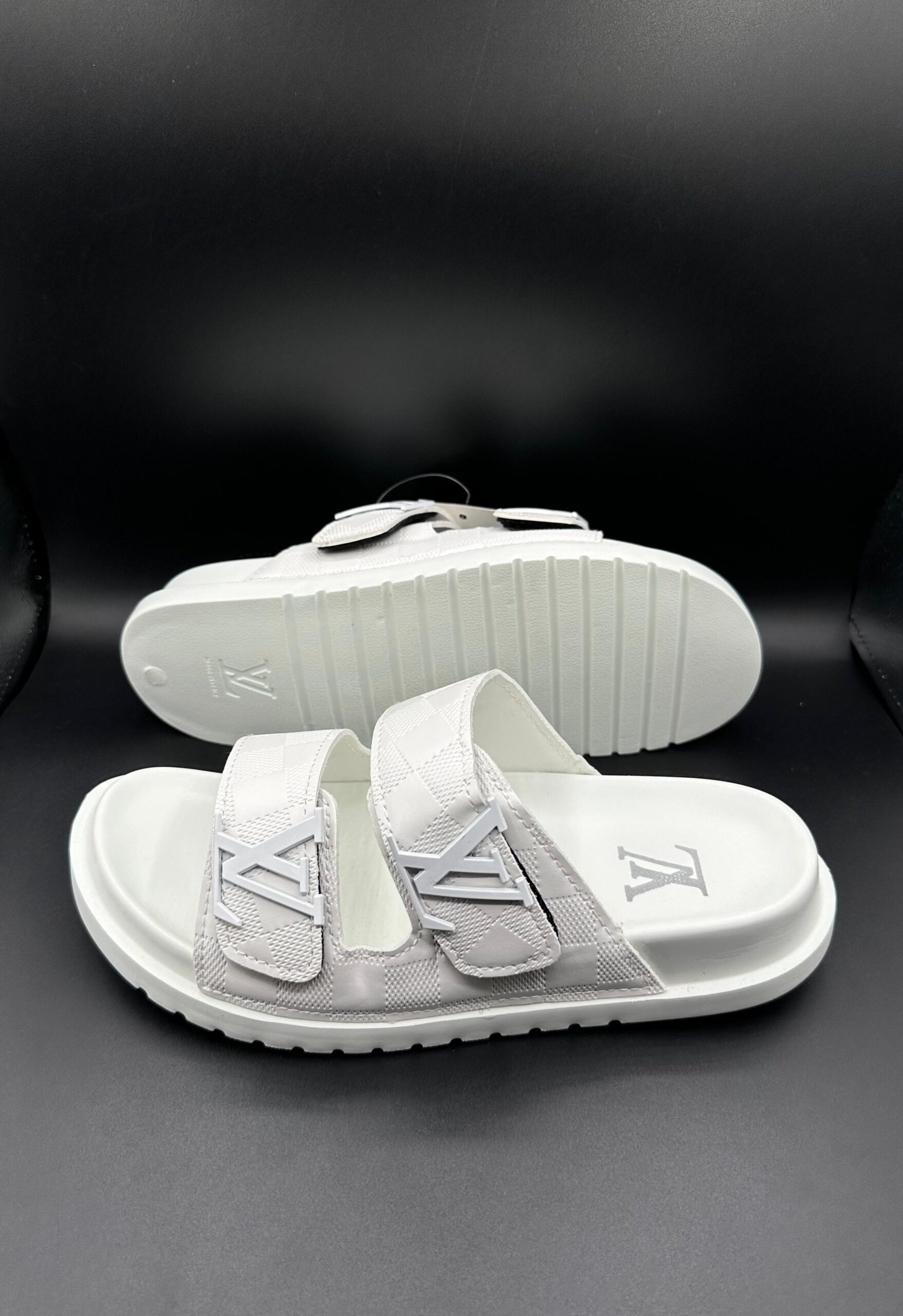 l.v white damier double slides l.v white damier double slides