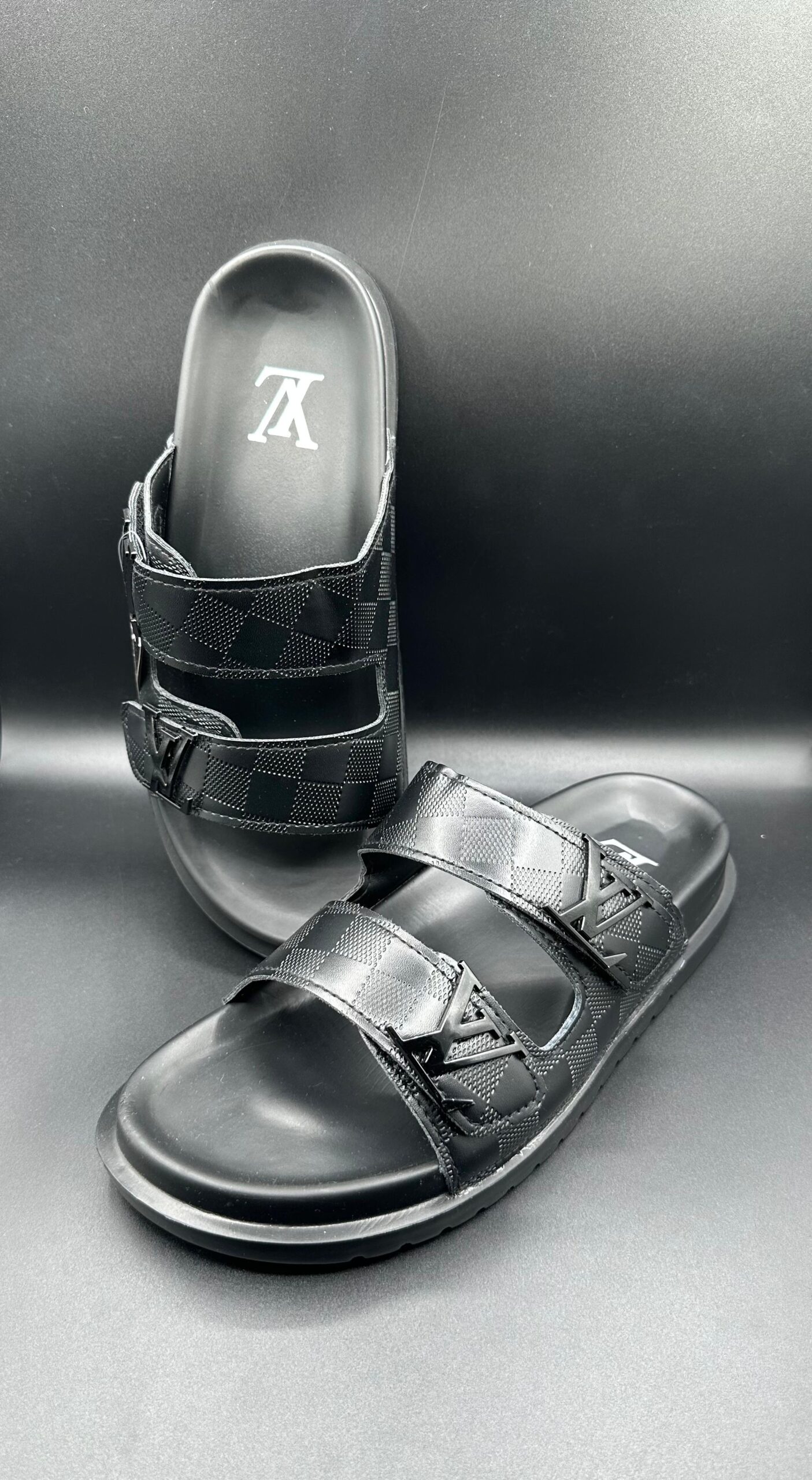 l.v black damier double slides l.v black damier double slides