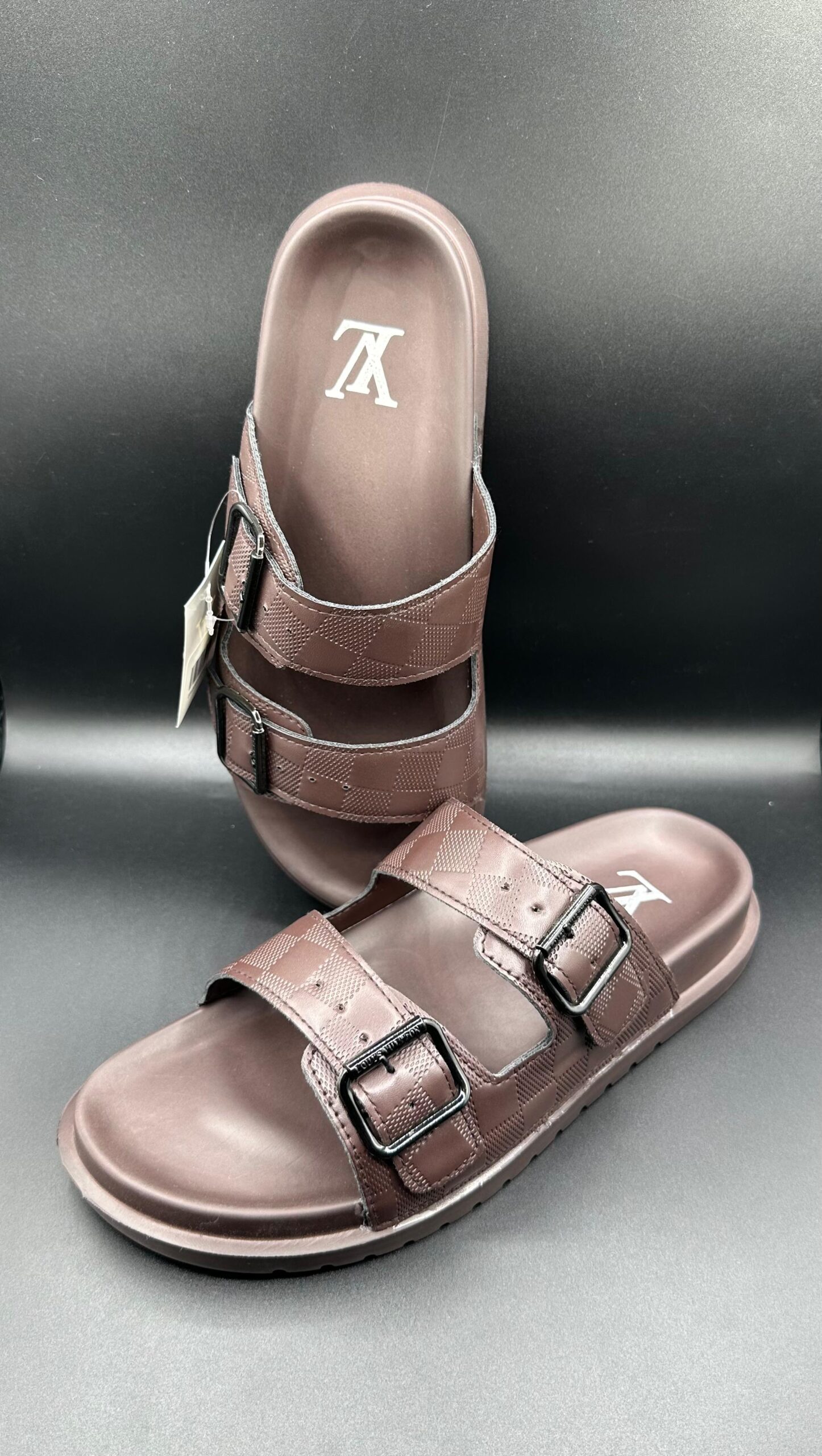 l.v brown luxury buckle slides l.v brown luxury buckle slides