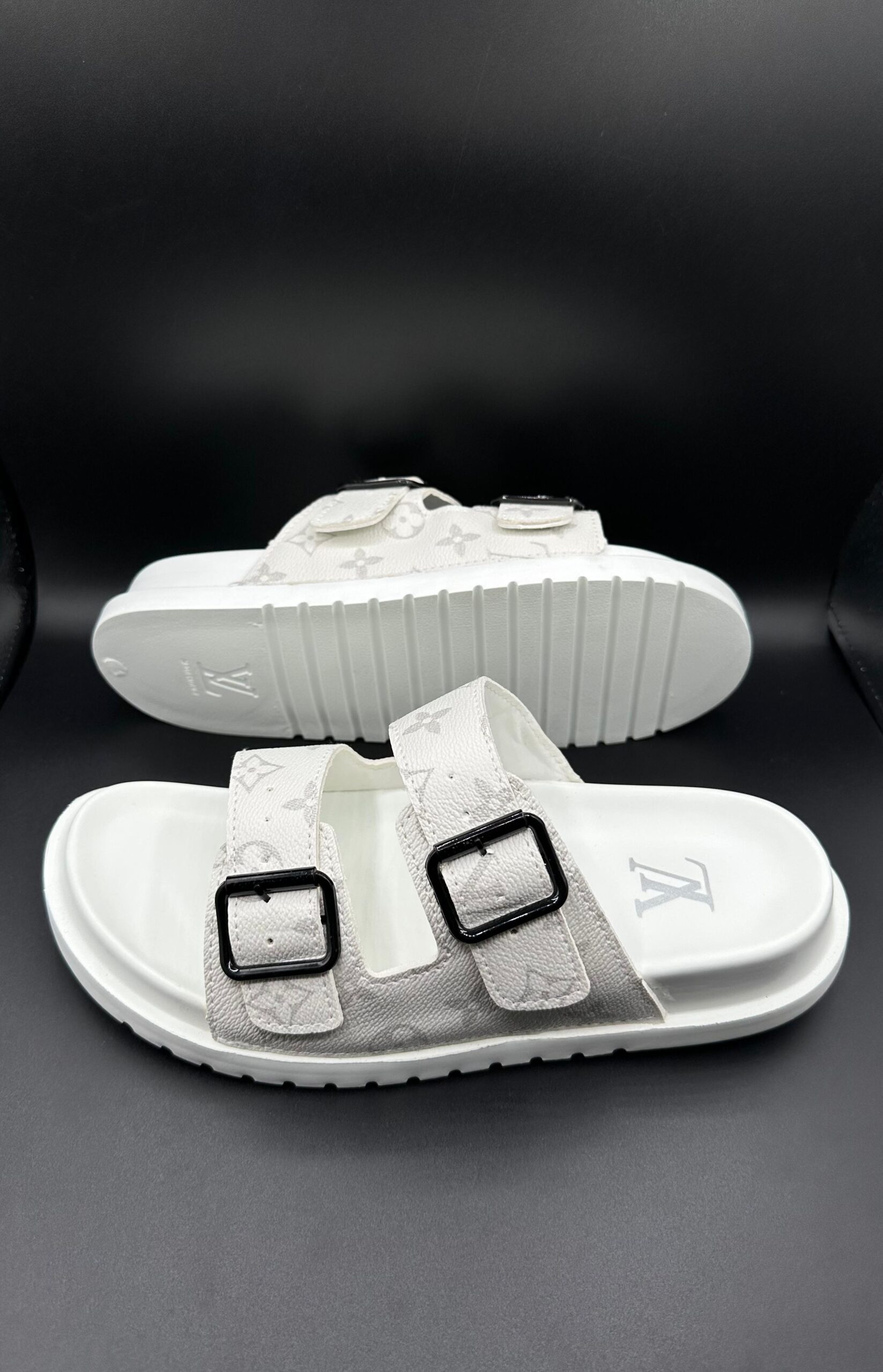 l.v classic white double strap slides l.v classic white double strap slides