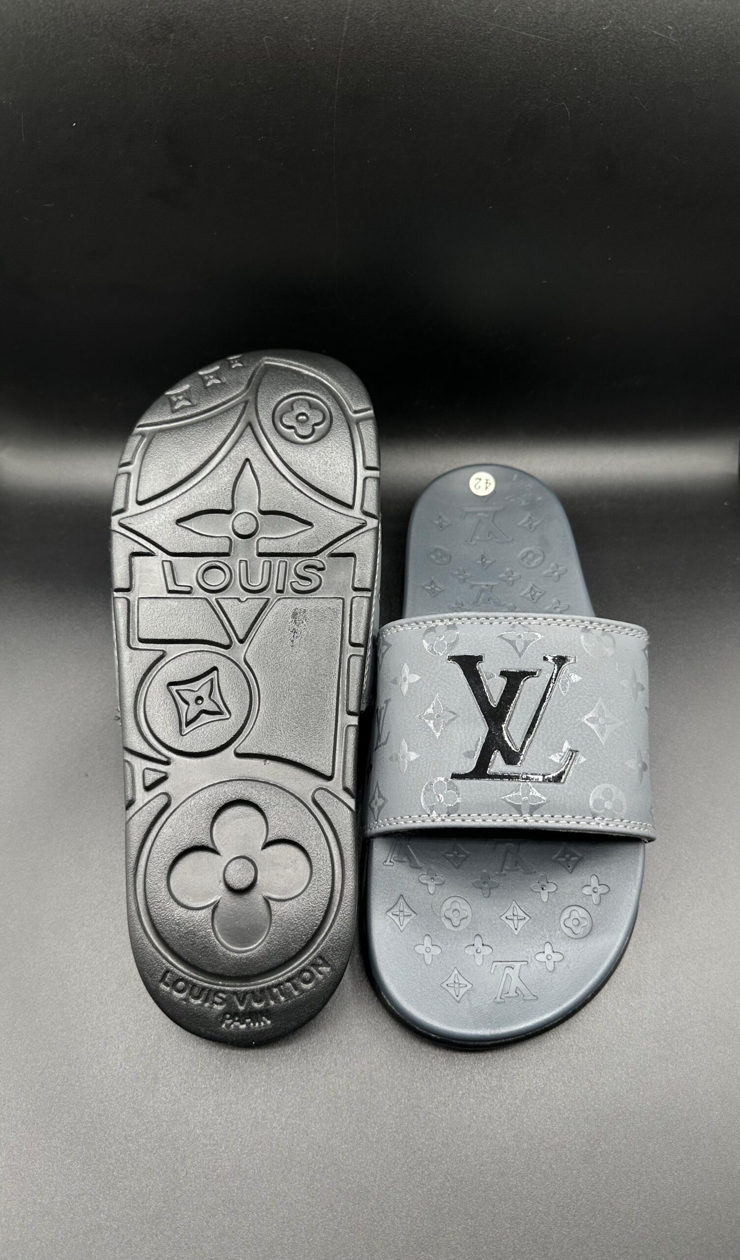 l.v premium grey slide sandals l.v premium grey slide sandals