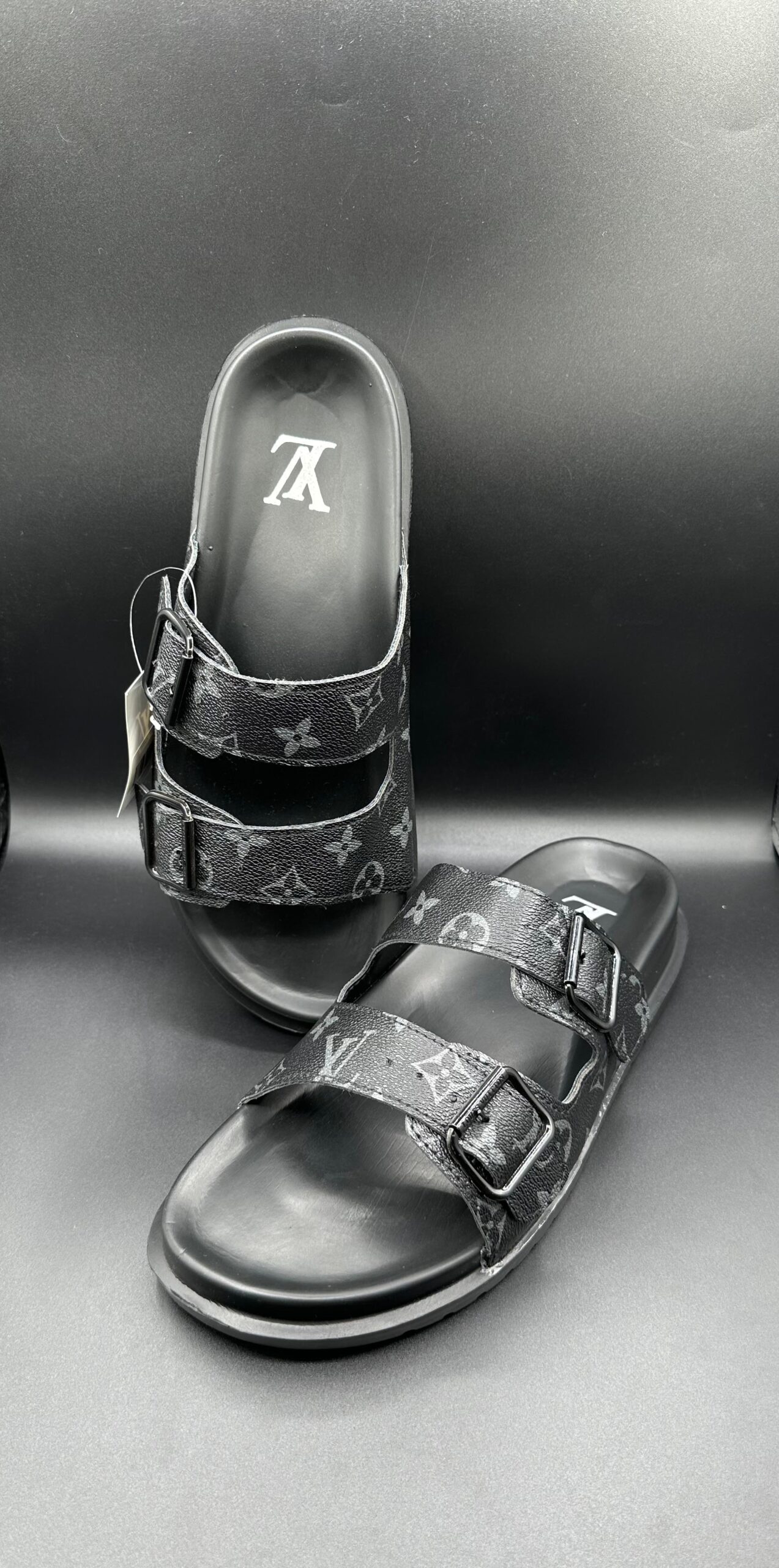l.v classic black double strap slides l.v classic black double strap slides