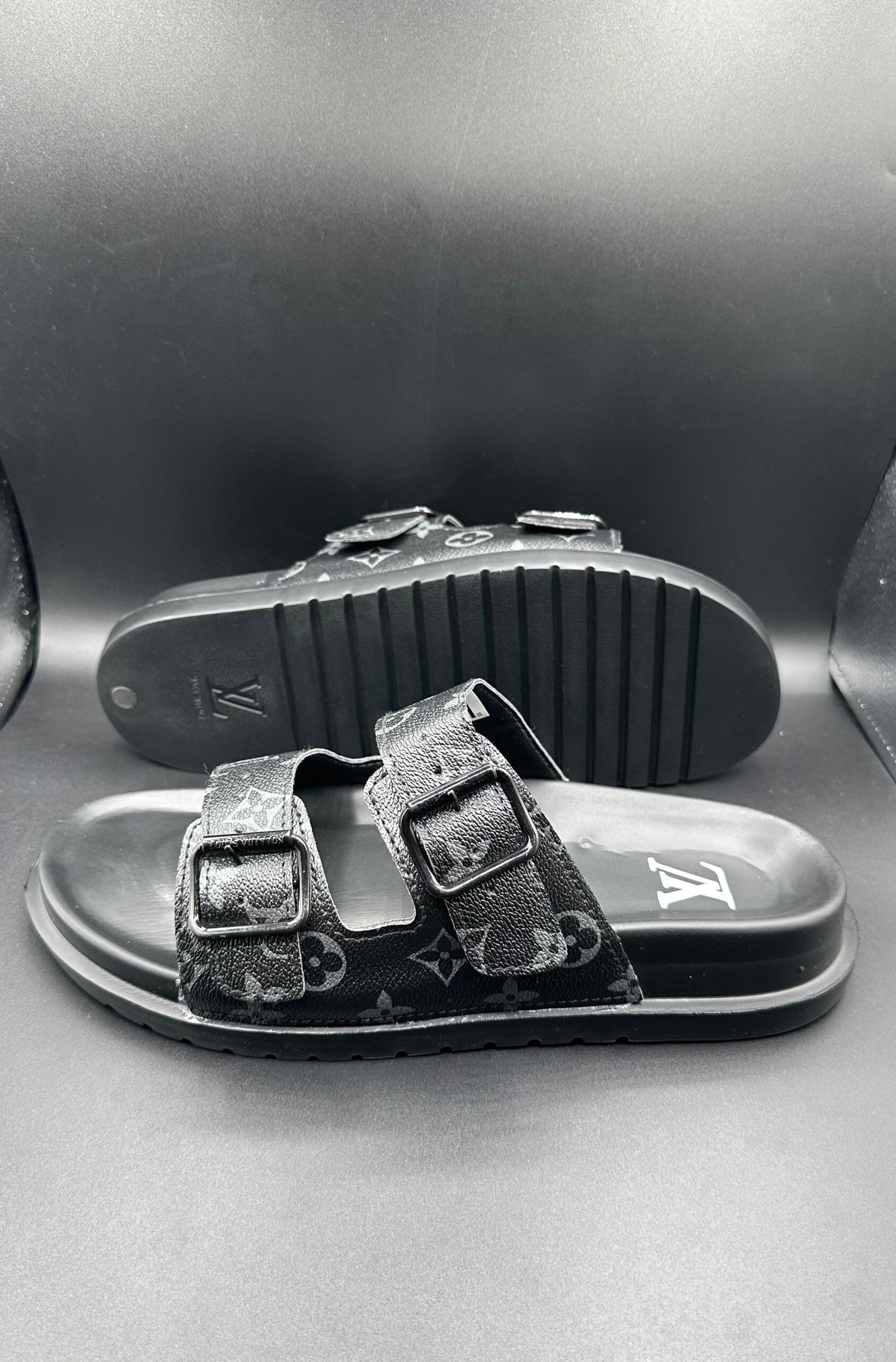 l.v classic black double strap slides l.v classic black double strap slides