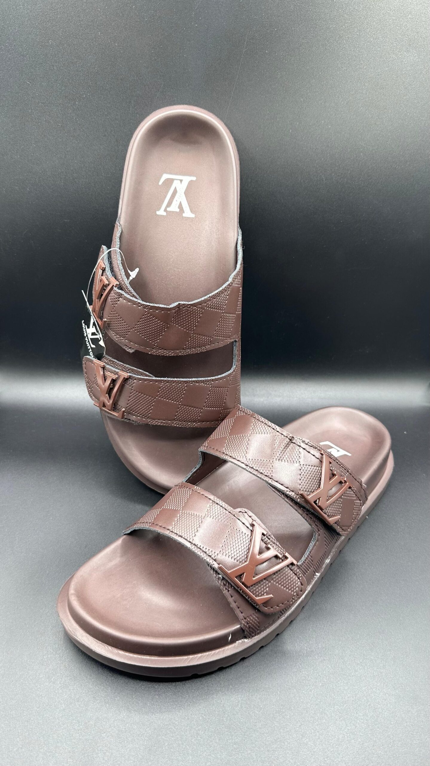 l.v brown damier double slides l.v brown damier double slides