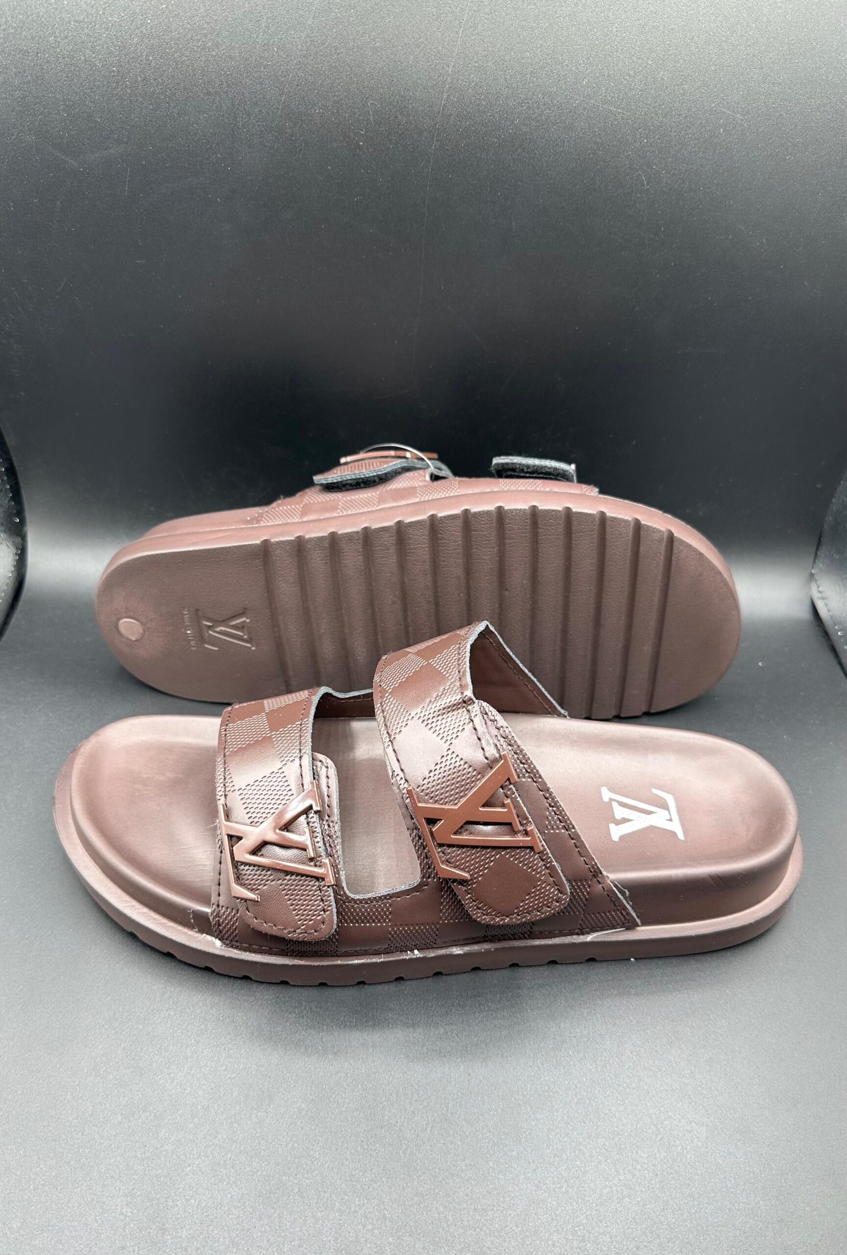 l.v brown damier double slides l.v brown damier double slides