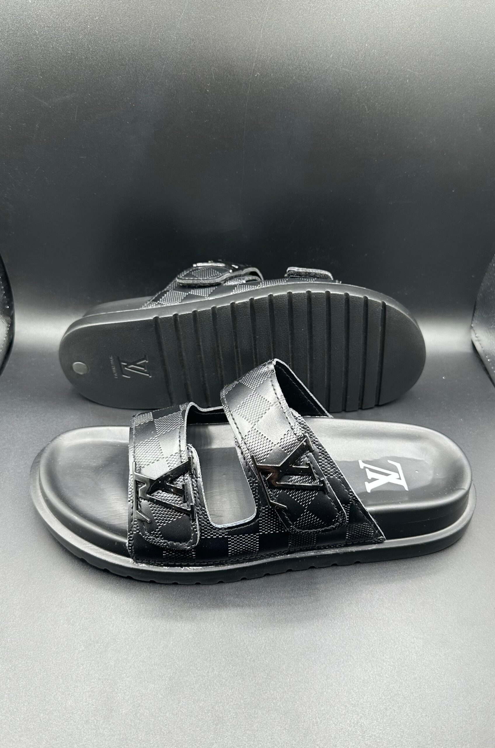 l.v black damier double slides l.v black damier double slides