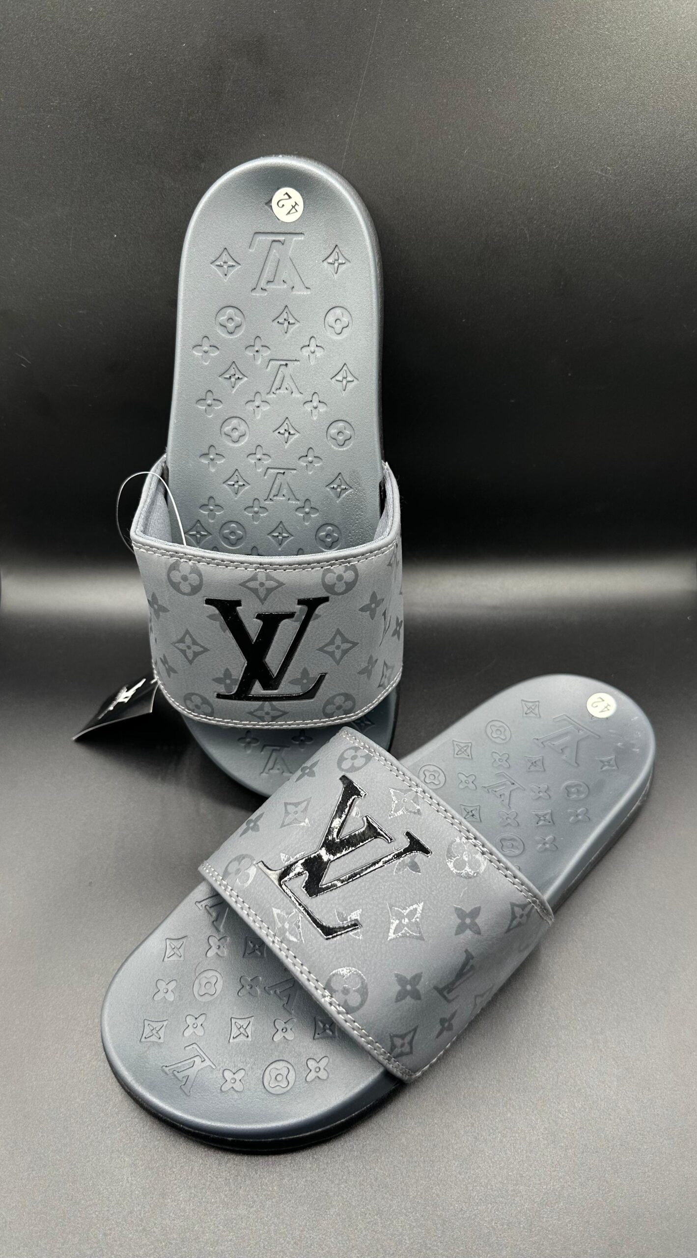 l.v premium grey slide sandals l.v premium grey slide sandals